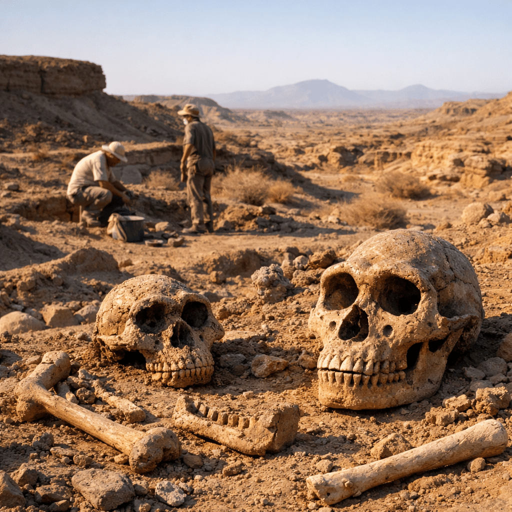 Two ancient human skulls and bones partially buried in dry rocky soil at an archaeological dig site