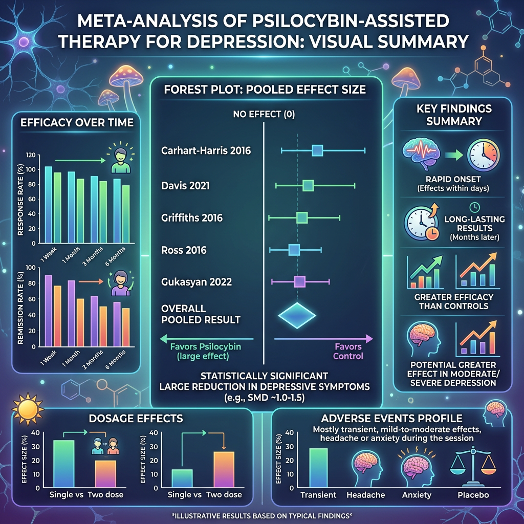 Meta-analysis results of psilocybin-assisted therapy including efficacy over time, forest plot of effect sizes, dosage effects, adverse events, and key findings summary for depression treatment.