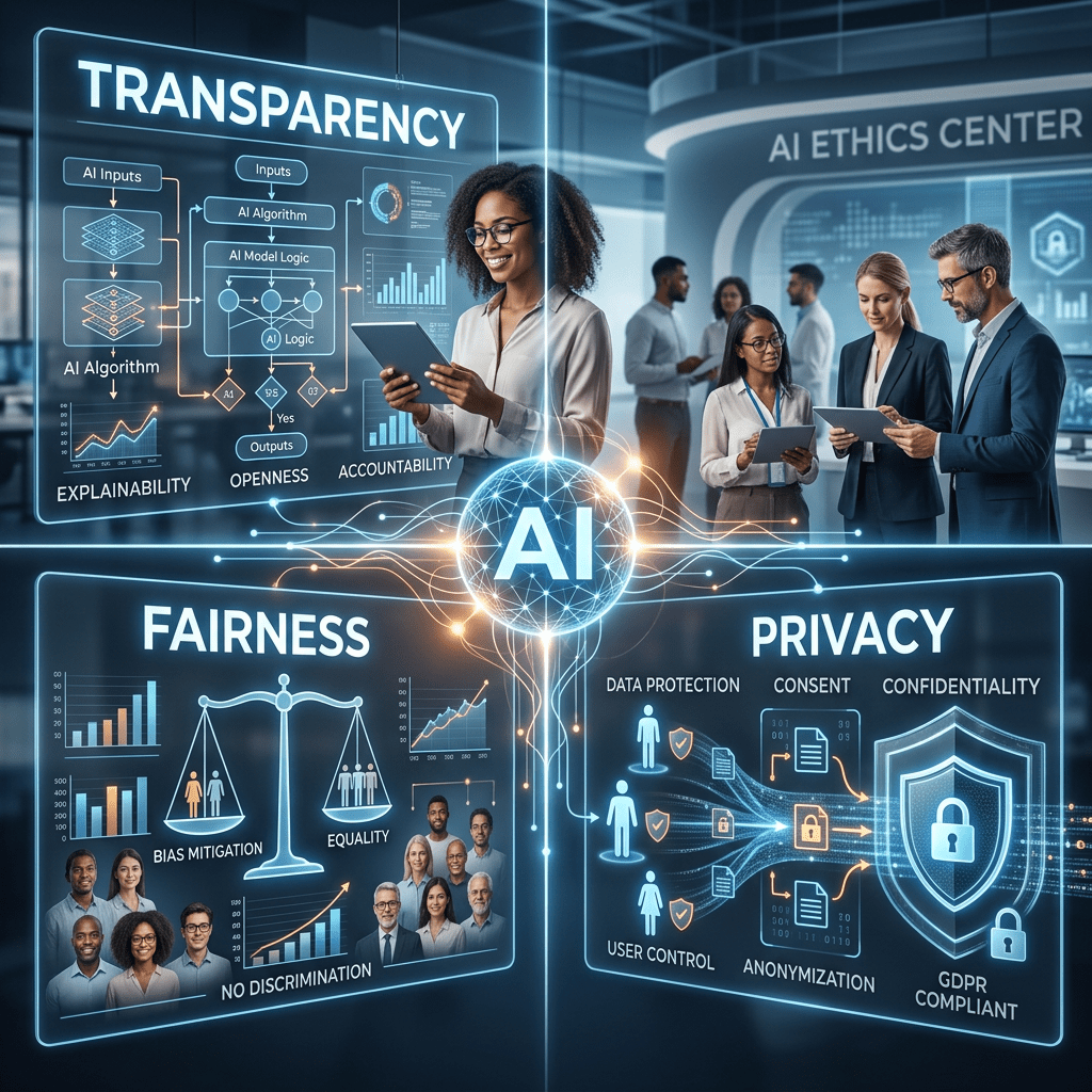 Digital interface showing AI ethics concepts: transparency, fairness, privacy with diverse professionals collaborating