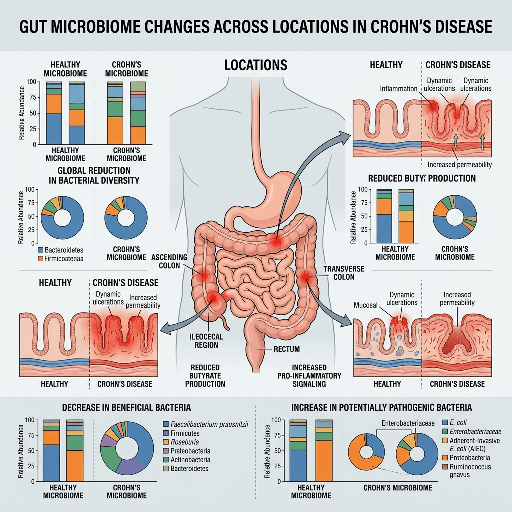 Diagram of gut microbiome changes and intestinal inflammation in Crohn's disease