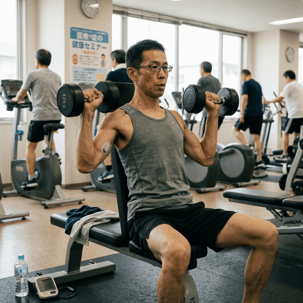 Middle-aged man in gray tank top lifting dumbbells seated on bench